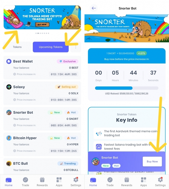 베스트월렛으로 $SNORT 토큰 구매 방법을 보여주는 앱 스크린샷 이미지