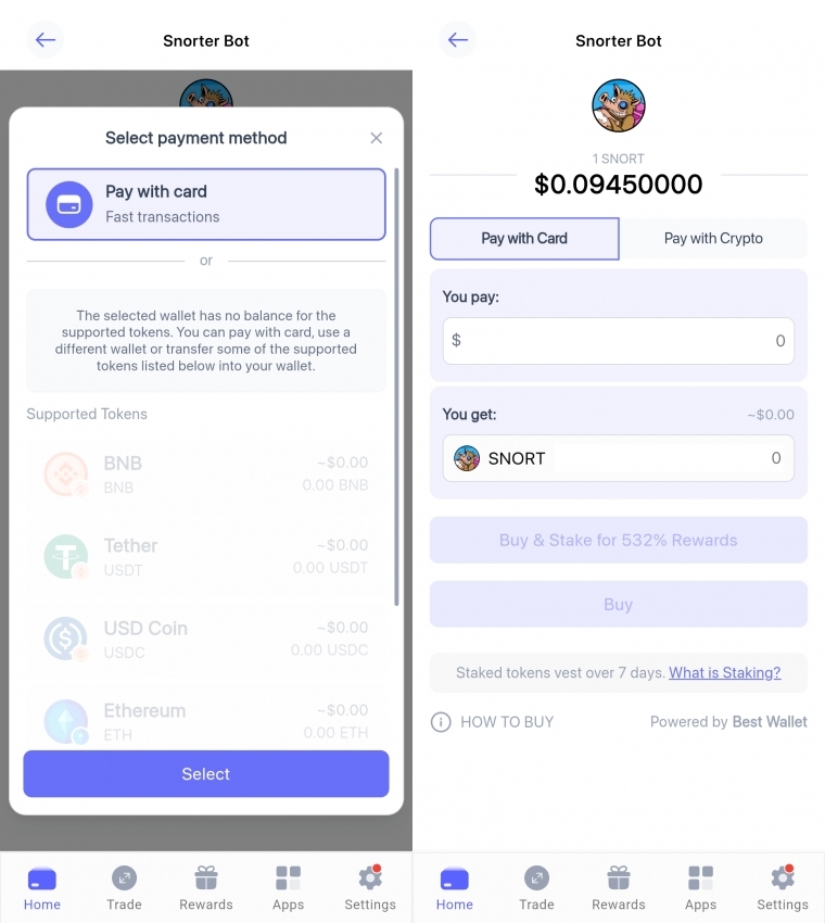 베스트월렛에서 직접 구매하는 $SNORT 이미지 스크린샷
