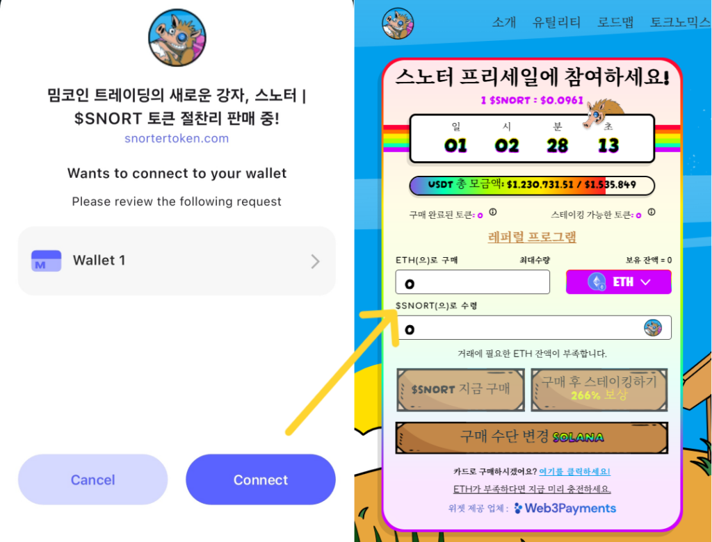 베스트월렛으로 QR코드 스캔 후 연결된 스노터 토큰 화면