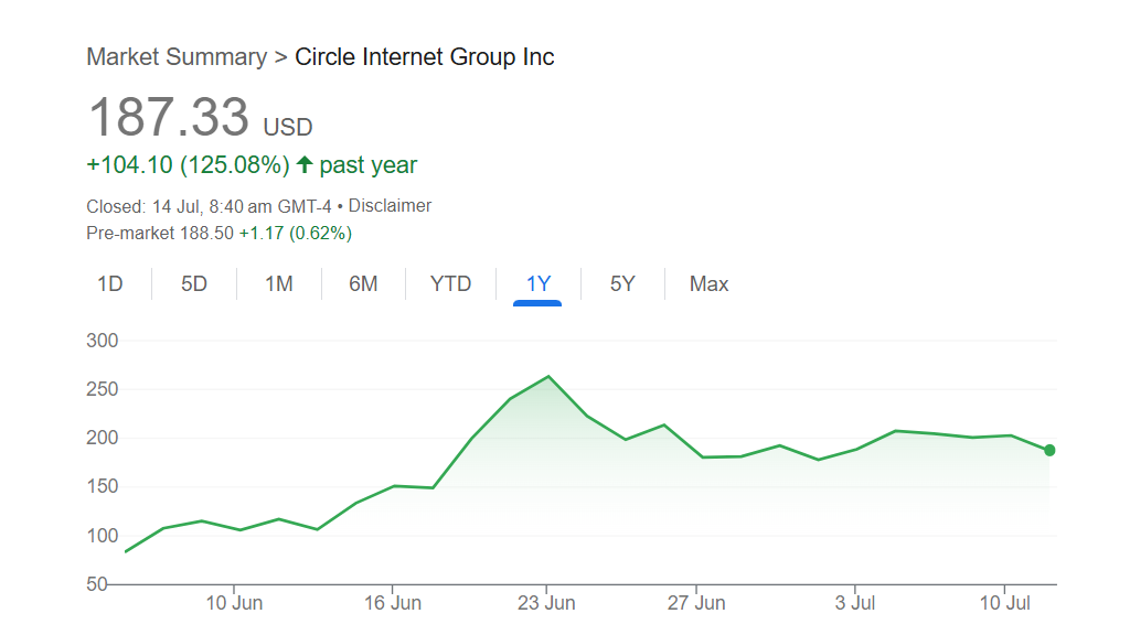 스테이블코인 관련주 서클 Circle 차트 스크린샷