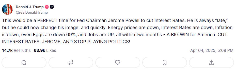 Donald Trump heeft zich al eerder uitgesproken op Truth Social over Jerome Powell.
