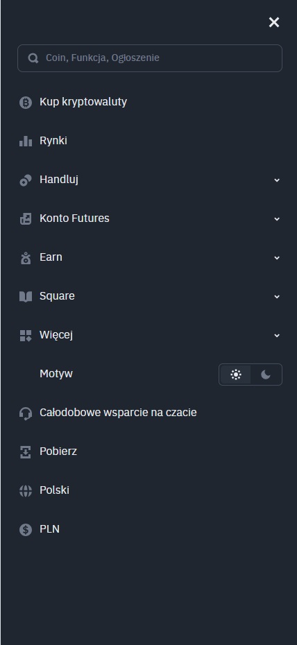 Binance menu