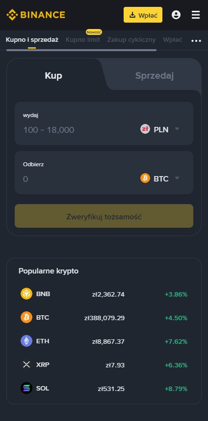 Binance zakup kryptowalut