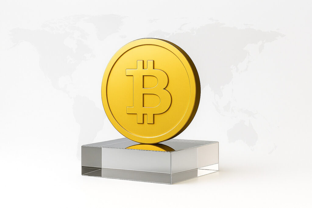 Złoty Bitcoin jako reprezentant kryptowaluty w Revolut Złoty Bitcoin stoi na szklanej podstawie i reprezentuje możliwość zakupu kryptowaluty w Revolut