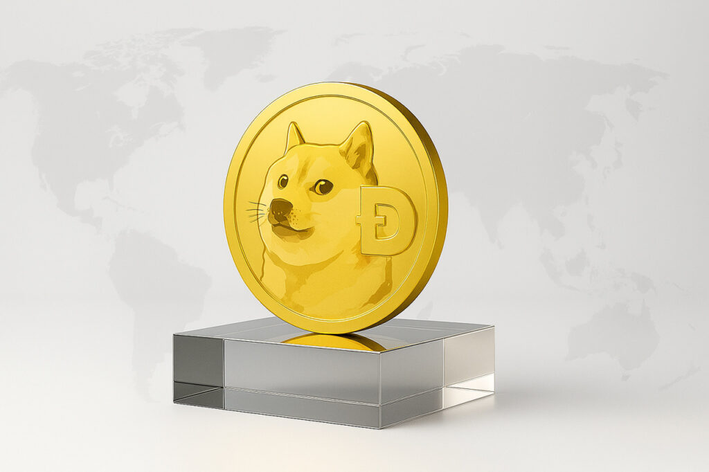 Moneta z Dogecoinem i wizerunkiem psa Shiba Inu Złota moneta z logo Dogecoin na szklanym podeście reprezentuje memecoiny w portfolio kryptowalut na Revolut