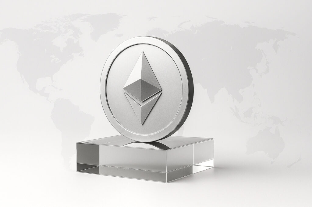 Srebrna moneta Ethereum na tle mapy świata Srebrna moneta Ethereum stoi na szklanej podstawie jako symbol kryptowaluty na Revolut