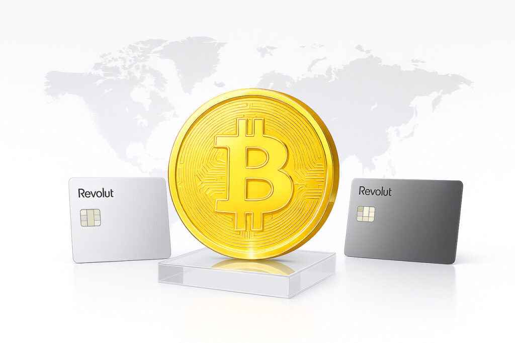 Karty i kryptowaluty Revolut Srebrne i metalowe karty bankowe Revolut i kryptowaluty reprezentowane przez monetę Bitcoin na tle mapy świata.