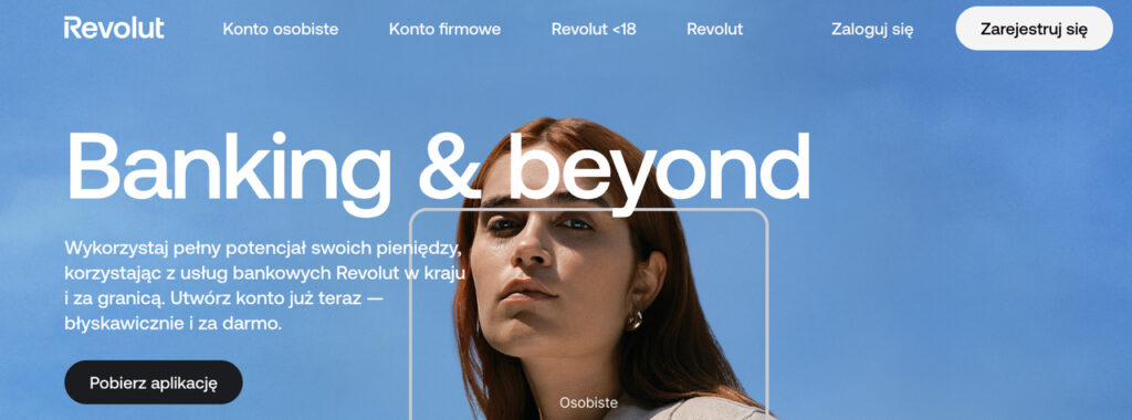 Internetowa strona startowa Revolut Kobieta wpatruje się w przestrzeń na stronie startowej Revolut