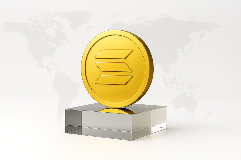 Kryptowaluta Solana na szklanym podeście Złota moneta z logo kryptowaluty Solana stoi na szklanym podeście jako zachęta do sprawdzenia jak kupować kryptowaluty w Revolut.