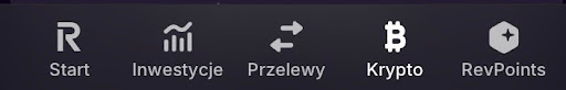 Dolne menu w aplikacji mobilnej Revolut z krypto Dolny pasek menu z aplikacji z ikonami start, inwestycje, przelewy oraz dla obrotu kupna i sprzedaży kryptowaluty: Revolut krypto