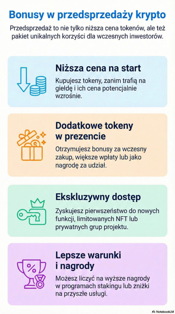 ikonografika przedstawiająca najwążniejsze korzyści przedsprzedaży kryptowalut