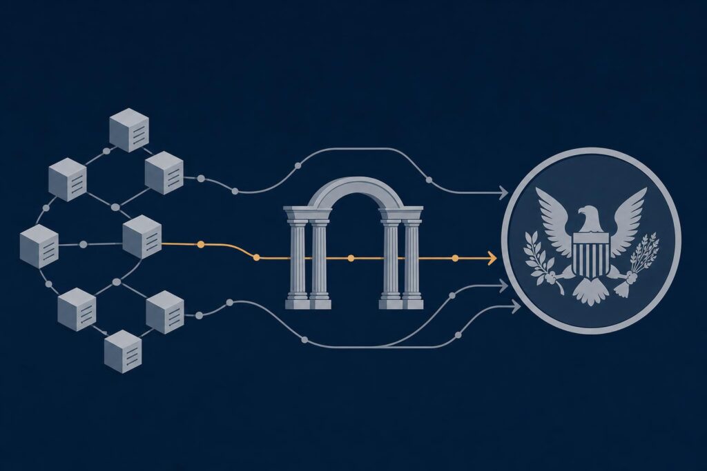 Ilustracja: przepływy transakcji pod nadzorem federalnego regulatora, w stylu redakcyjnym CryptoDnes