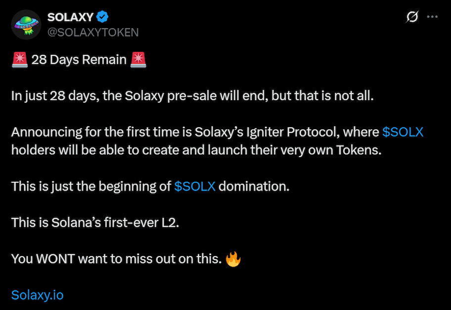 скриншот поста о том, что блокчейн Solaxy запустил лаунчпад