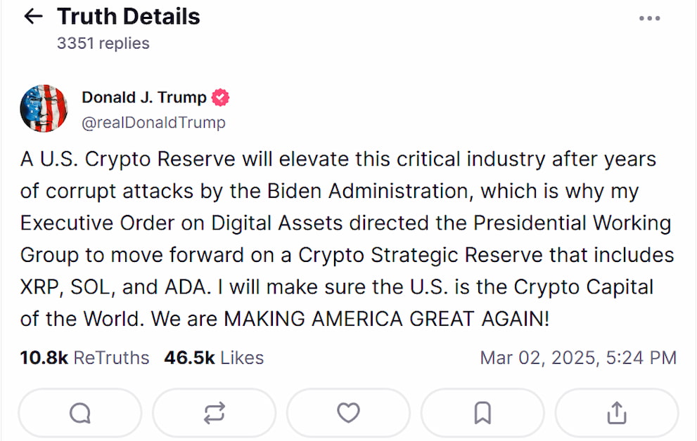скриншот поста Трампа, где он пишет, что хочет добавить XRP, Solana (SOL) и Cardano (ADA) в крипторезерв США