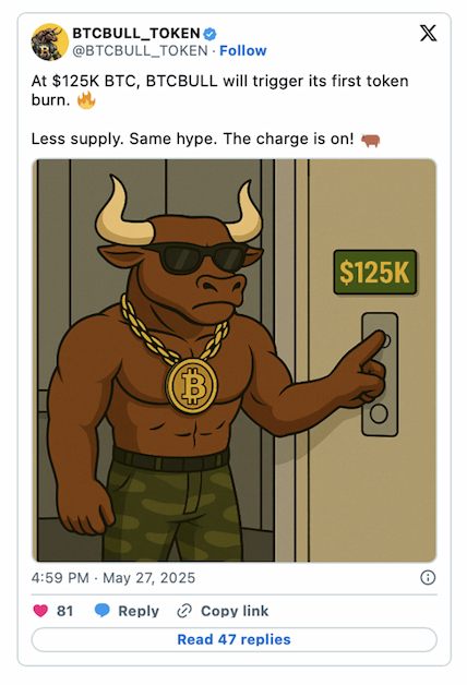 скриншот поста проекта BTC Bull, который связан с ростом Биткоина