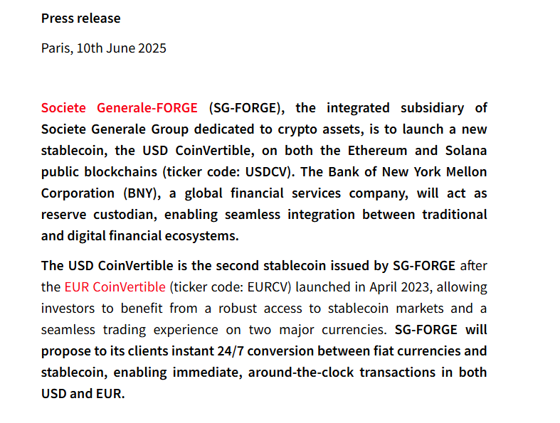 SocGen เปิดตัว USDCV บน ETH–SOL เสริมทัพ Stablecoin สถาบัน