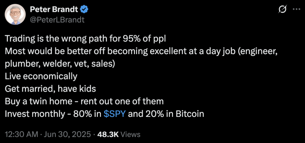 Peter Brandt แนะนำการจัดพอร์ตความมั่งคั่งแบบเซฟๆ โดยแบ่งเป็น BTC 20% ที่มา: X