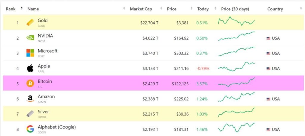 Bitcoin (BTC) ขึ้นแท่นสินทรัพย์อันดับ 5 ของโลก