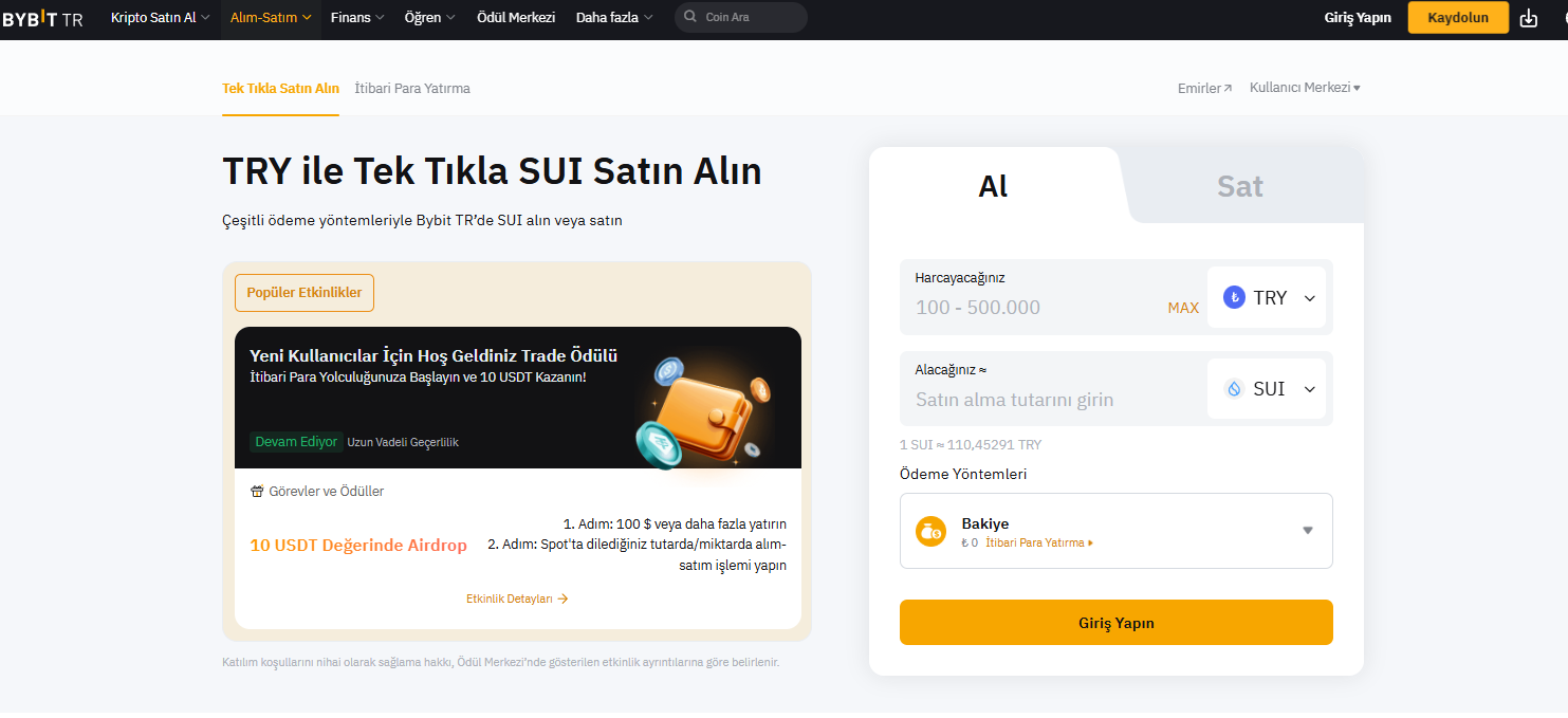 Bybit üzerinden SUI satın alma