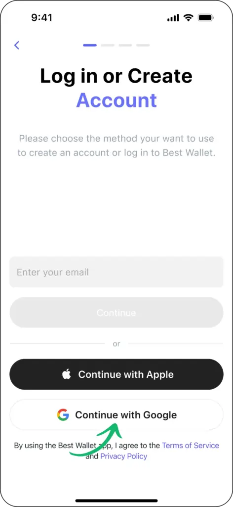 Best Wallet - giriş ve kayıt olma ekranı