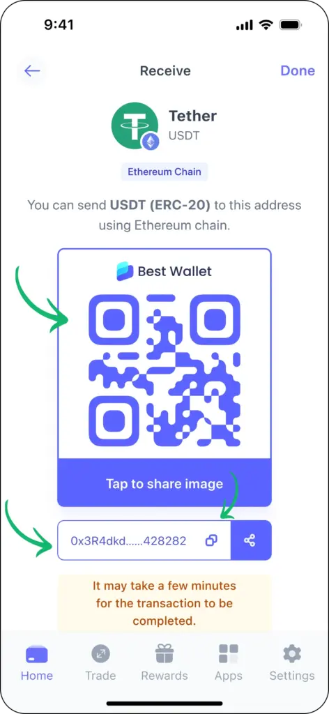 Cüzdana kripto aktarmak için QR kodu ve cüzdan adresi