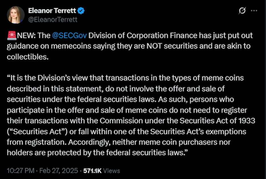скріншот, що показує, що SEC визнав, що мемкоїн це не цінний папір