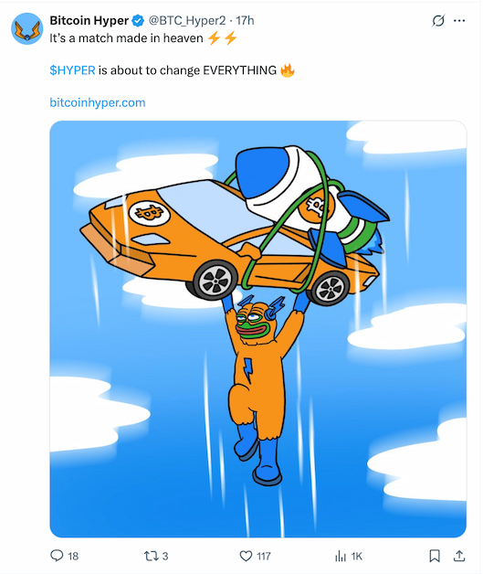 скріншот посту в соцмережі криптопроекту BTC Hyper