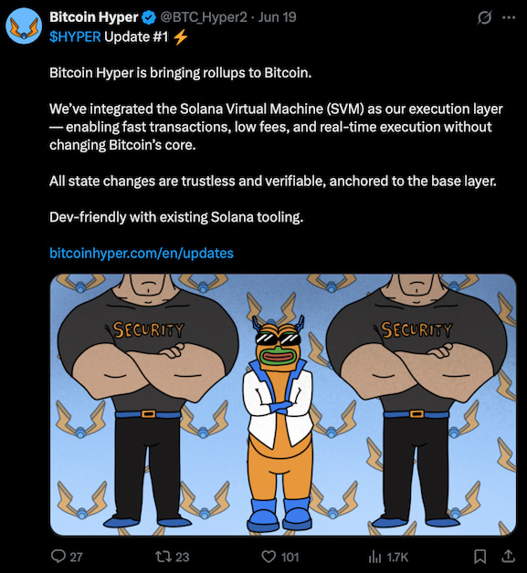 скріншот посту проекту Bitcoin Hyper, який пов'язаний з Біткоїном
