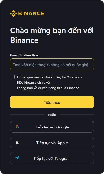 Binance - Nhấp “Đăng ký” và nhập email, số điện thoại, và mật khẩu mạnh (kết hợp chữ hoa, chữ thường, số, và ký tự đặc biệt).
