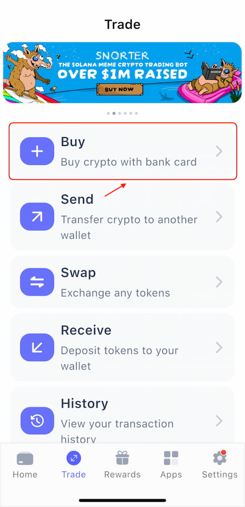 Chọn tính năng Buy tiền điện tử
