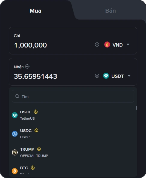 Chọn loại tiền muốn nạp: USD, USDT, BTC, hoặc các stablecoin như USDC.