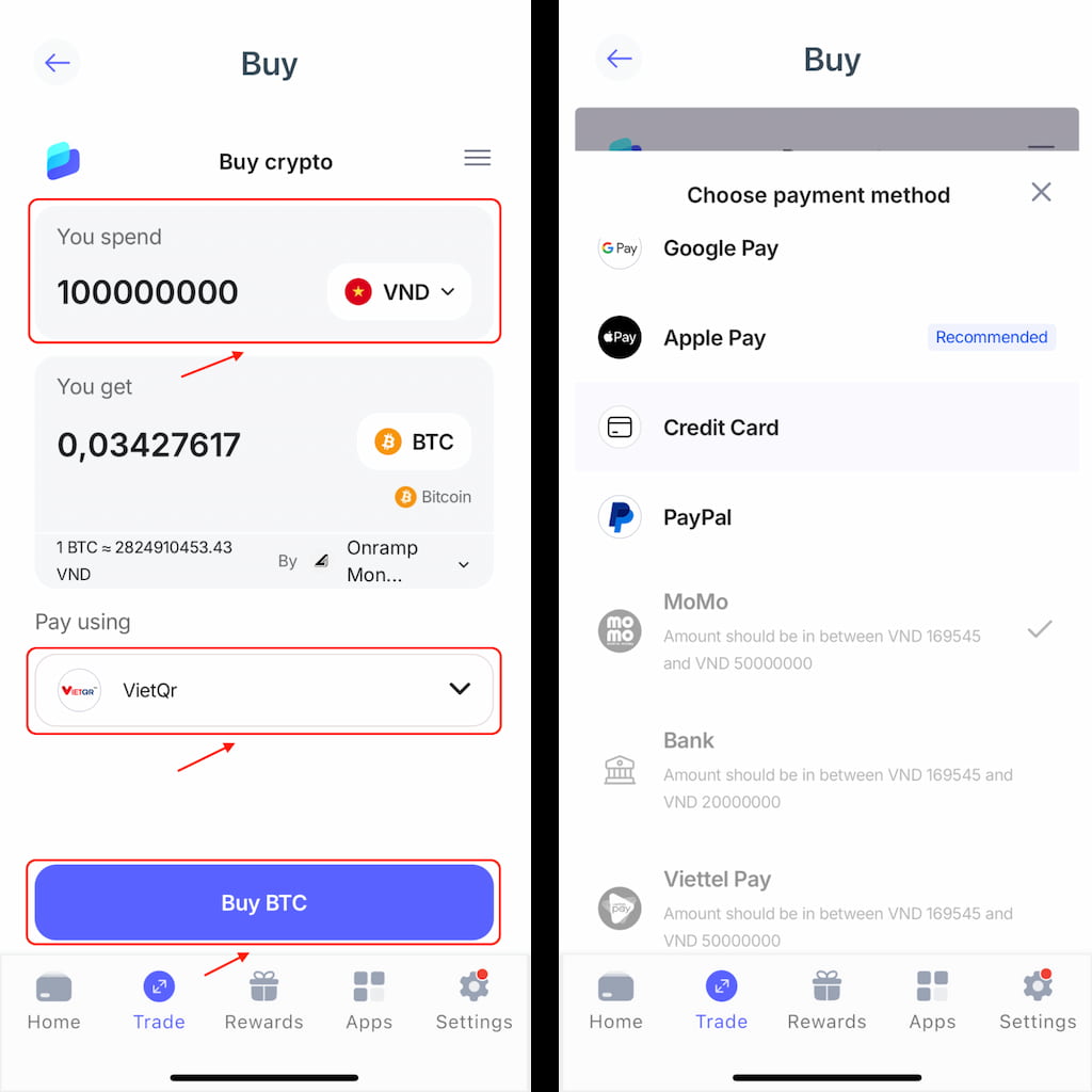 Nhập số lượng token BTC muốn mua