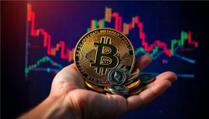 bitcoin in hand with red line