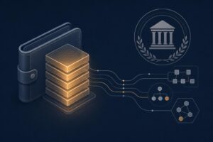 Стилизирана илюстрация на крипто портфейл, свързан с отчетни блокове и официален печат